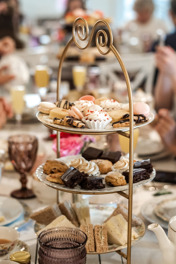 austin high tea on tiered stand for the tea room at rose haven austin tea room. austin wedding venue, austin party venue, austin tea party, austin high tea, austin tea room, cheap rehearsal dinner venue