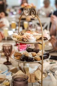 tiered tower of tea treats at austin wedding venue