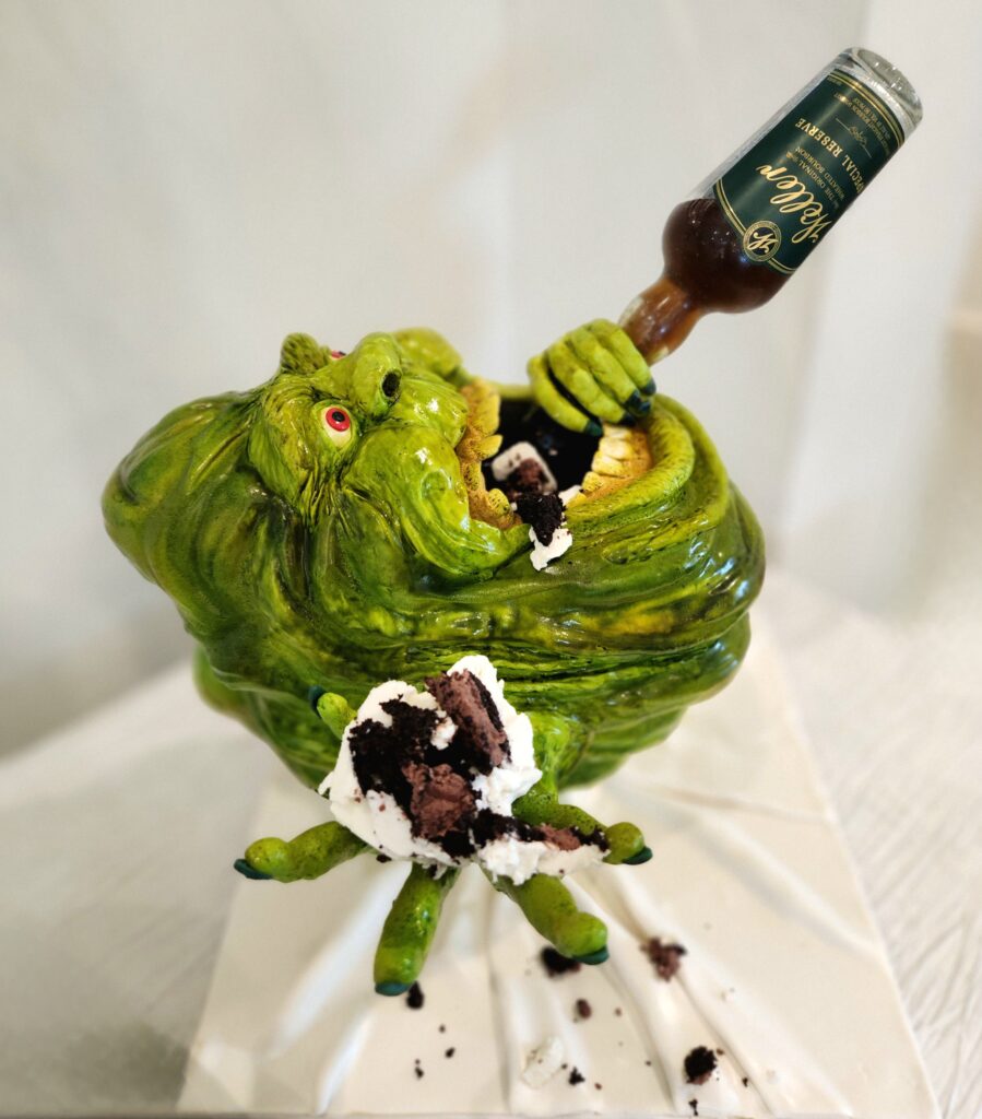 ghostbusters slimer drinking weller bourbon, halloween, hallowedding, fall wedding, austin, texas hill country