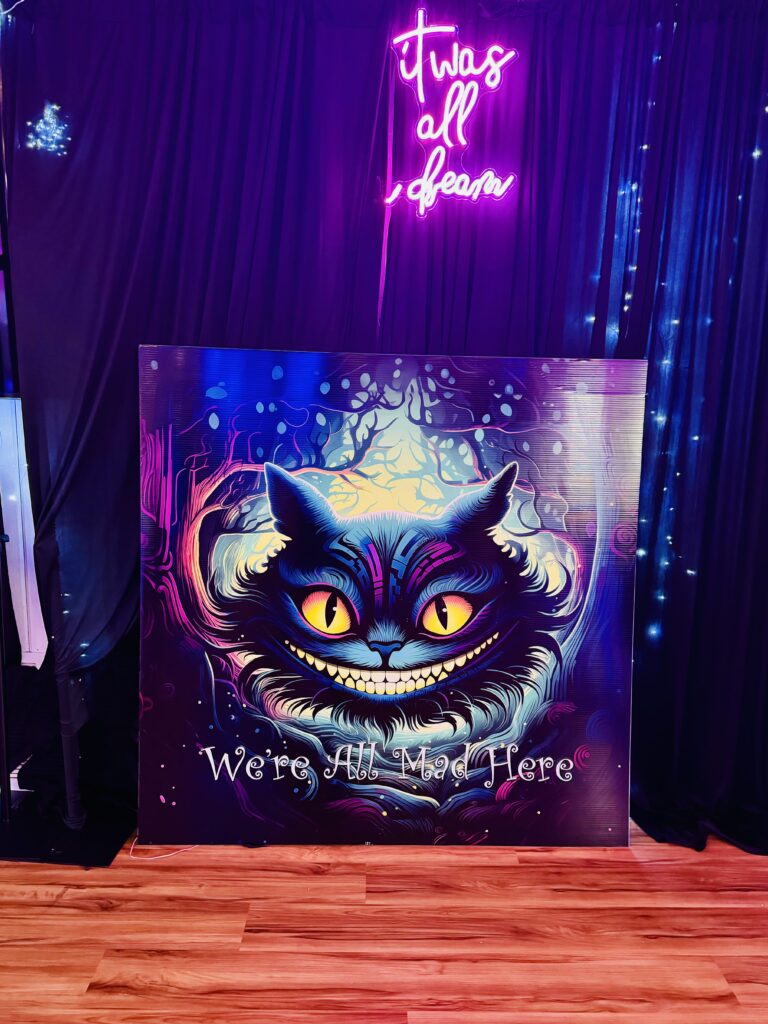 cheshire cat, alice in wonderland party, austin event venue, austin banquet hall, austin party venue, best venues in austin, holiday party, best venue for austin work event, lighting, decor, party decor, event design