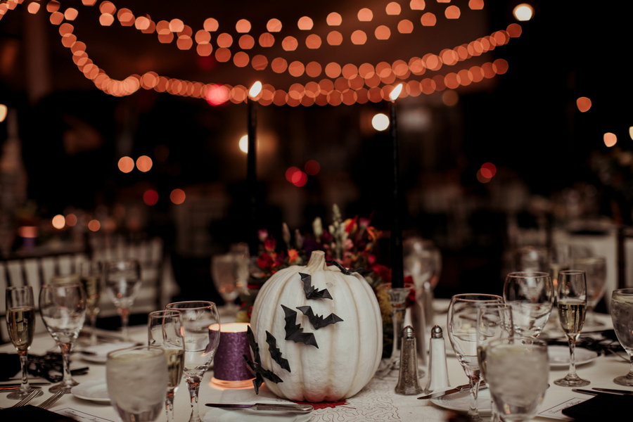 halloween wedding table decor, pumpkin with bats, hallowedding, spooky season, austin, dripping springs, autumn wedding, fall wedding