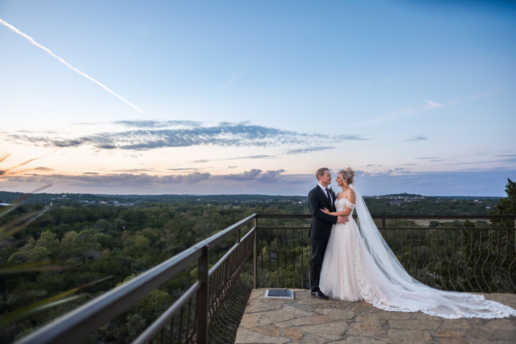 Couple at sunset at Chapel Dulcinea Austin Wedding Chapel, Free Wedding Chapel, Texas Hill Country Wedding Chapel, Austin Wedding Venue, Austin Bride, Austin wedding reception, Hill Country chapel, Hill Country wedding venue, Dripping Springs Wedding Venue