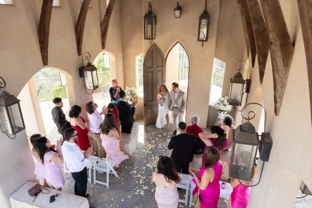 Guests at a wedding ceremony in Chapel Dulcinea, free cheap austin wedding chapel, austin wedding venue, dripping springs wedding chapel, austin bride, dripping springs bride