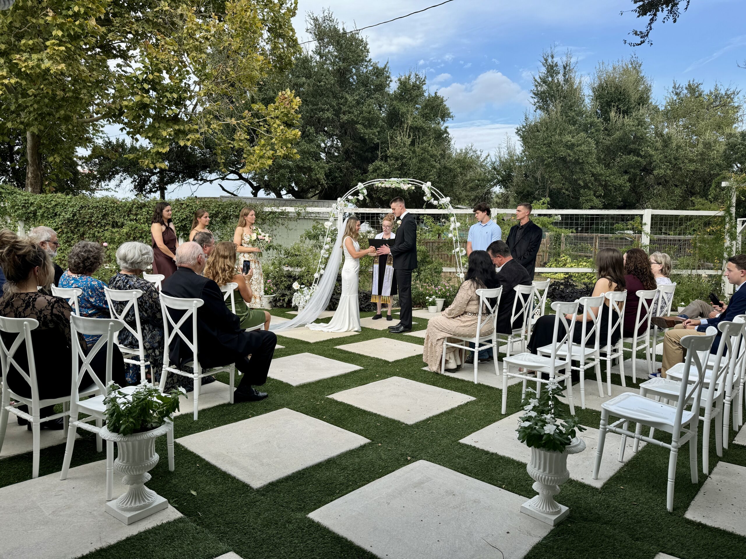 Wedding ceremony on the Antique Rose Veranda at Rose Haven austin wedding venue, austin wedding reception, cheap wedding venue, austin bride, dripping springs wedding venue, dripping springs, texas, hill country