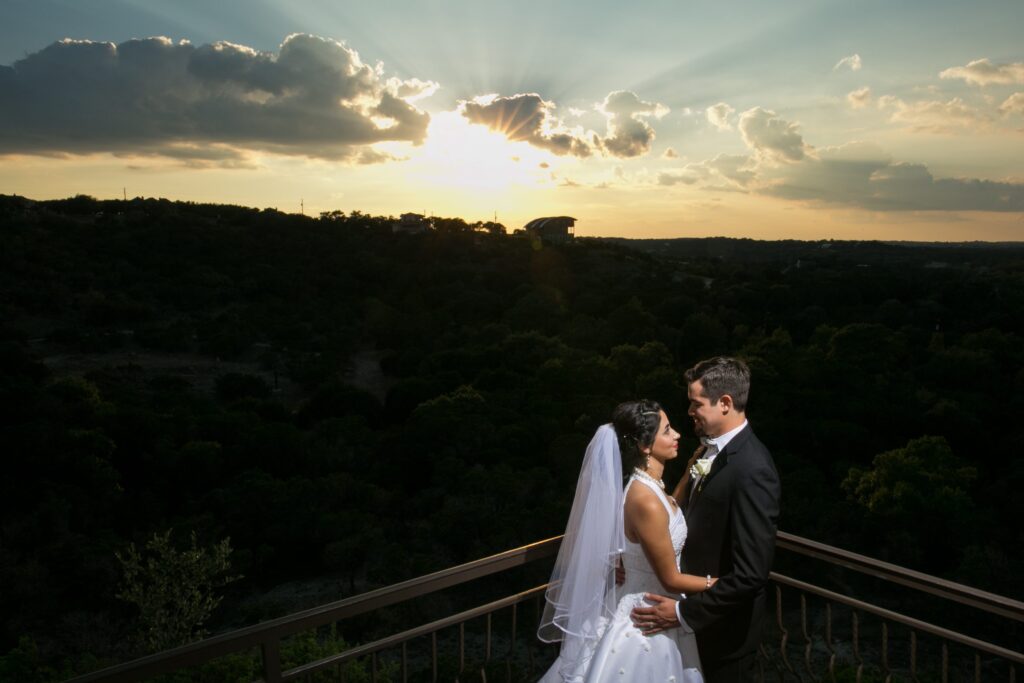 Couple at sunset at Chapel Dulcinea Austin Wedding Chapel, Free Wedding Chapel, Texas Hill Country Wedding Chapel, Austin Wedding Venue, Austin Bride, Austin wedding reception, Hill Country chapel, Hill Country wedding venue, Dripping Springs Wedding Venue