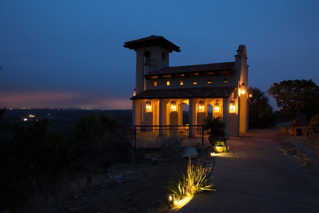 Chapel Dulcinea at night Austin Wedding Chapel, Free Wedding Chapel, Texas Hill Country Wedding Chapel, Austin Wedding Venue, Austin Bride, Austin wedding reception, Hill Country chapel, Hill Country wedding venue, Dripping Springs Wedding Venue